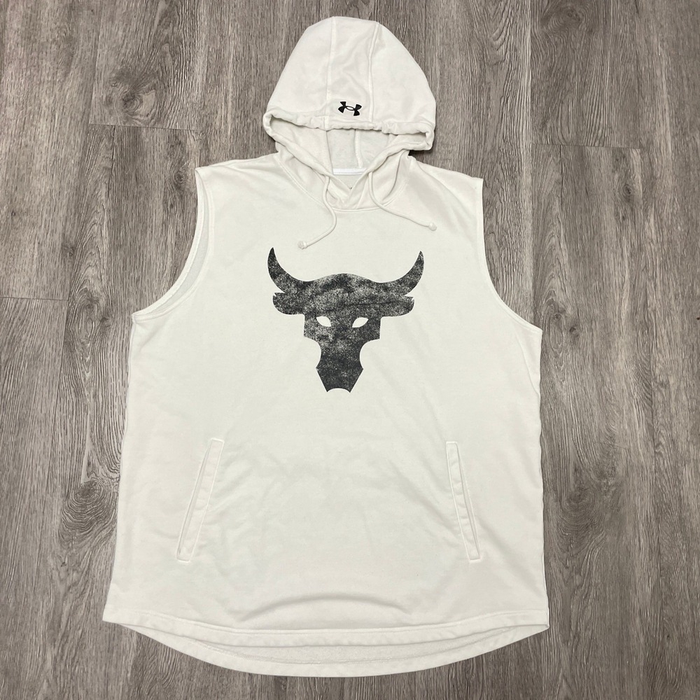 Under Armour Project Rock Hoodie Mens 2XL White Sleeveless Brahma Bull 1367108